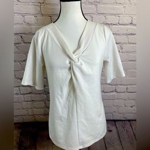 Talbots V Neck Blouse Short Sleeved Shirt Knot Detail White size Small EUC